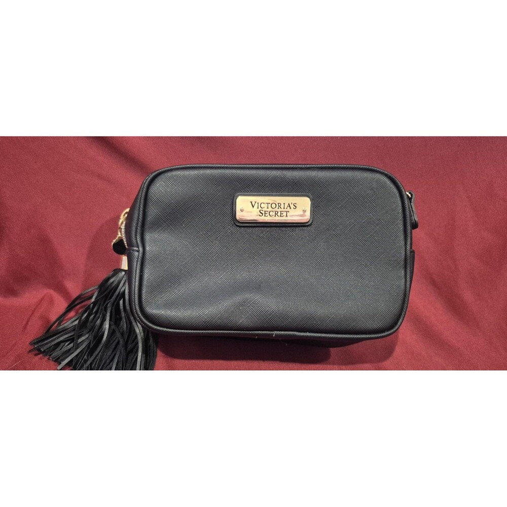 Victoria's Secret Black Saffiano Crossbody Bag Purse No Strap Gold Tassel Charm